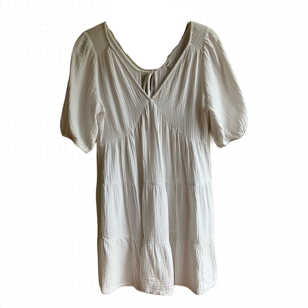 Aerie White 100% Cotton Mini Dress Size M Tiered Tie Cutouts Boho Puff Sleeves